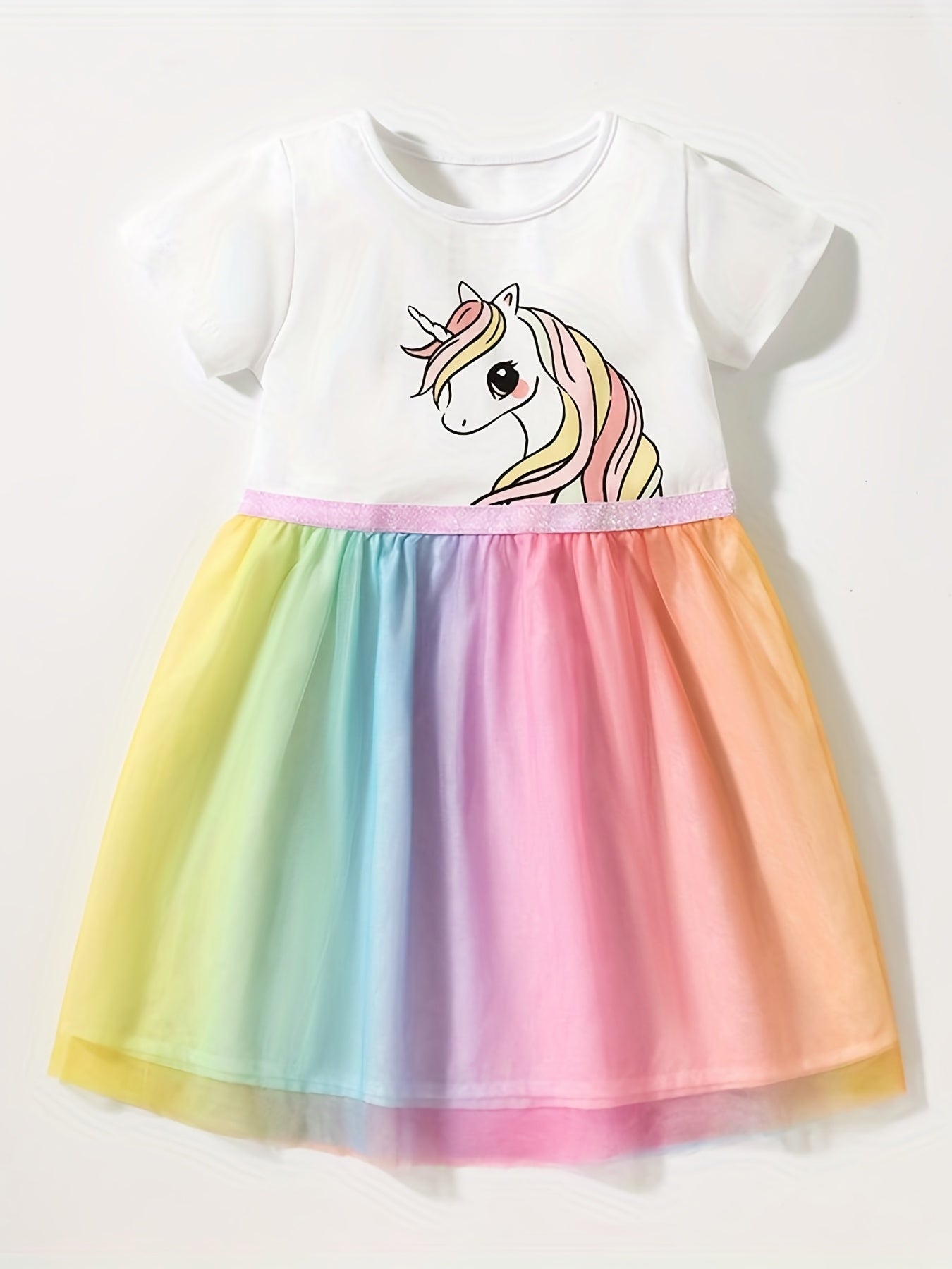 Girls Unicorn Mesh Princess Dress Short Sleeve Cotton TuTu Dress
