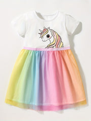 Girls Unicorn Mesh Princess Dress Short Sleeve Cotton TuTu Dress