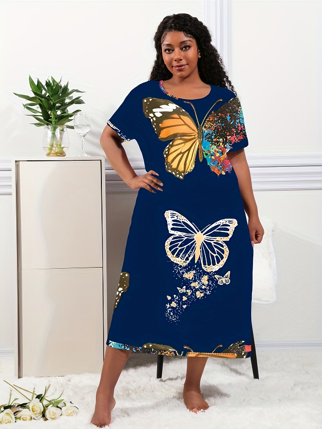  Butterfly Print Short Sleeve Casual Lounge Dress