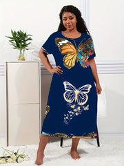  Butterfly Print Short Sleeve Casual Lounge Dress