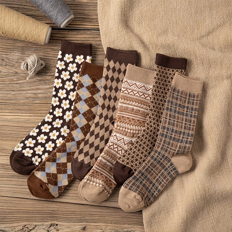 5 Pairs Vintage Pattern Crew Socks for Women
