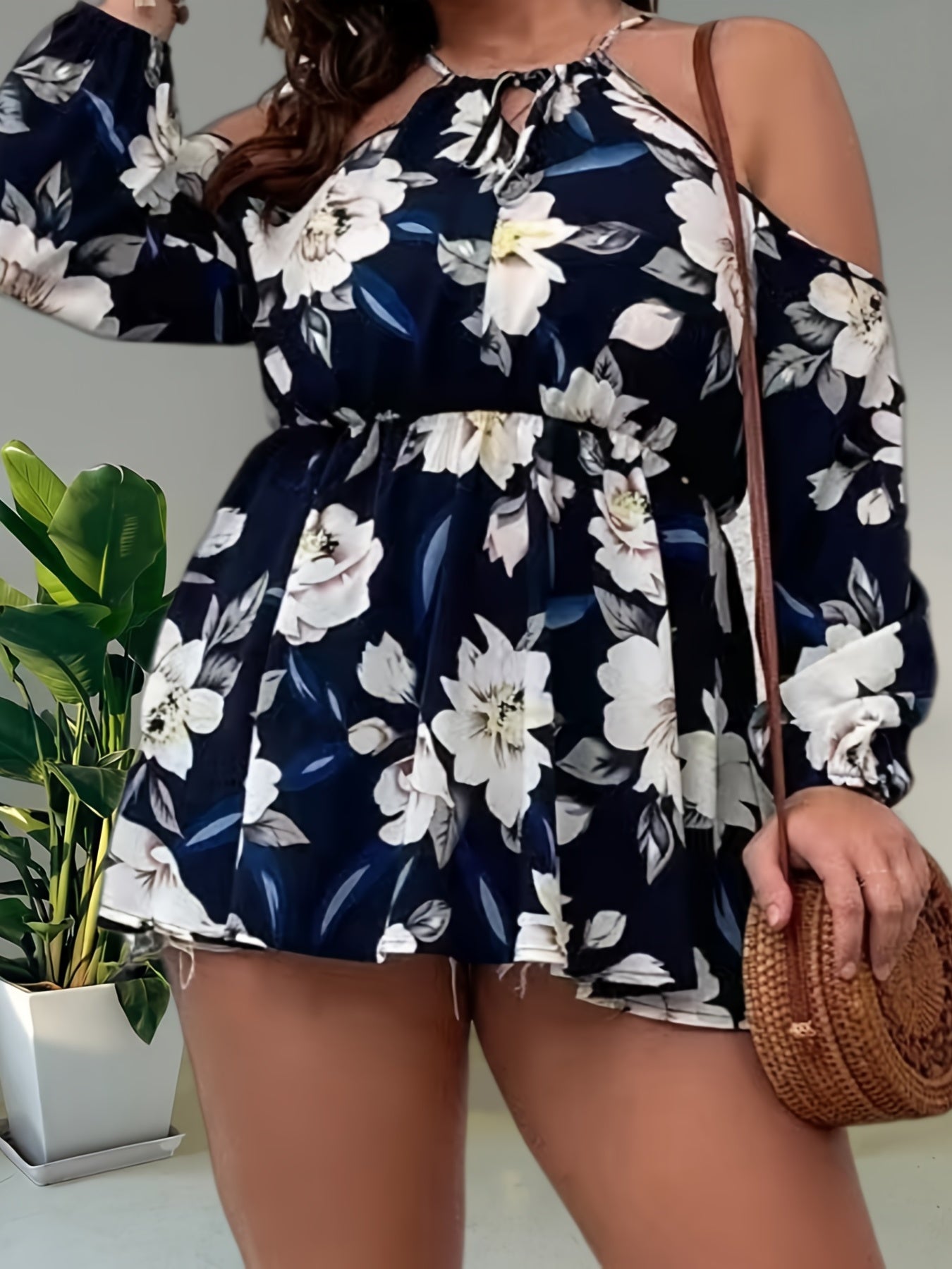  Floral Print Cold Shoulder Lantern Sleeve Peplum Top