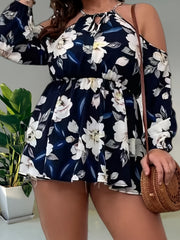  Floral Print Cold Shoulder Lantern Sleeve Peplum Top