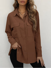  Solid Long Sleeve Button Up Collar Shirt Top