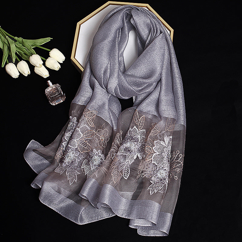 Colorful Silk Scarf Flower Embroidery Women's Wrap