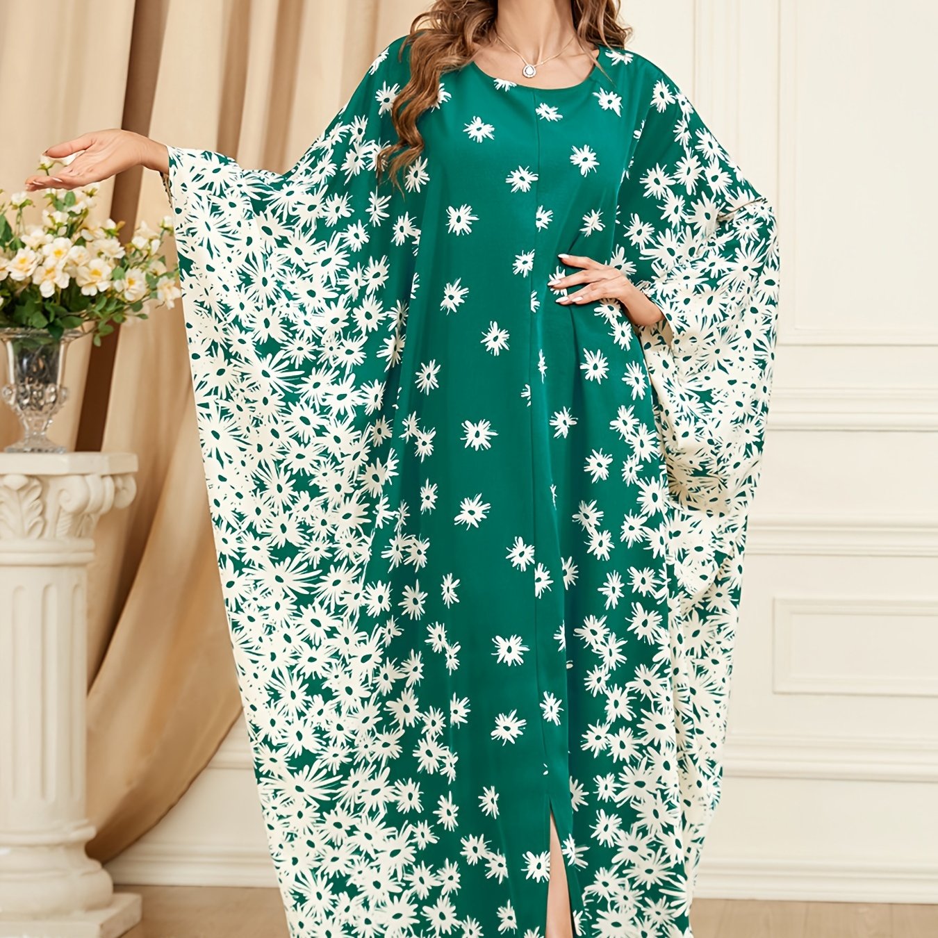  Abaya Dress Women's Plus Ditsy Floral Print Bat Sleeve