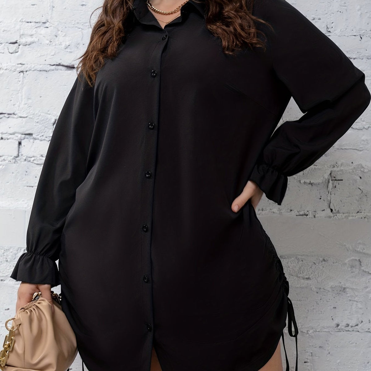  Casual Flounce Sleeve Lace Up Shirt Dress