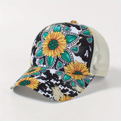 Sunflower Print Ponytail Trucker Hat Adjustable Baseball Cap Mesh Breathable Sun