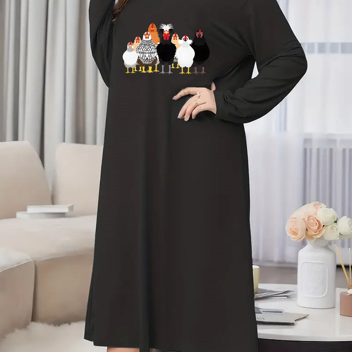  Cartoon Chicken Print Long Sleeve Nightdress