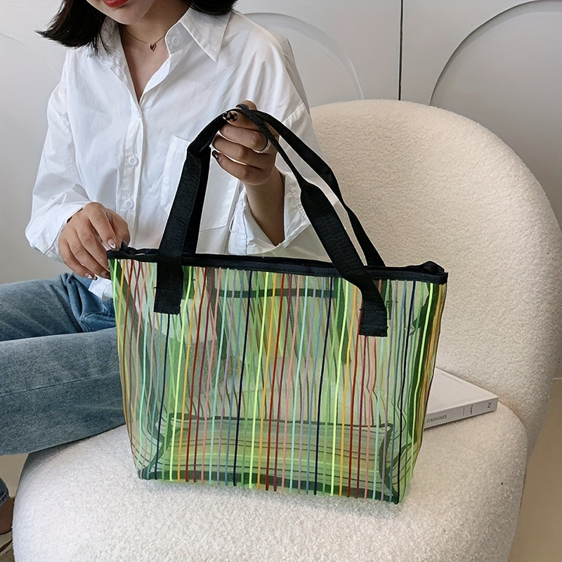 Striped Shoulder Bag Mesh Tote Women's Handbag