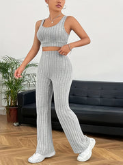 Solid Knit Crop Tank Top & Loose Pants Lounge Set