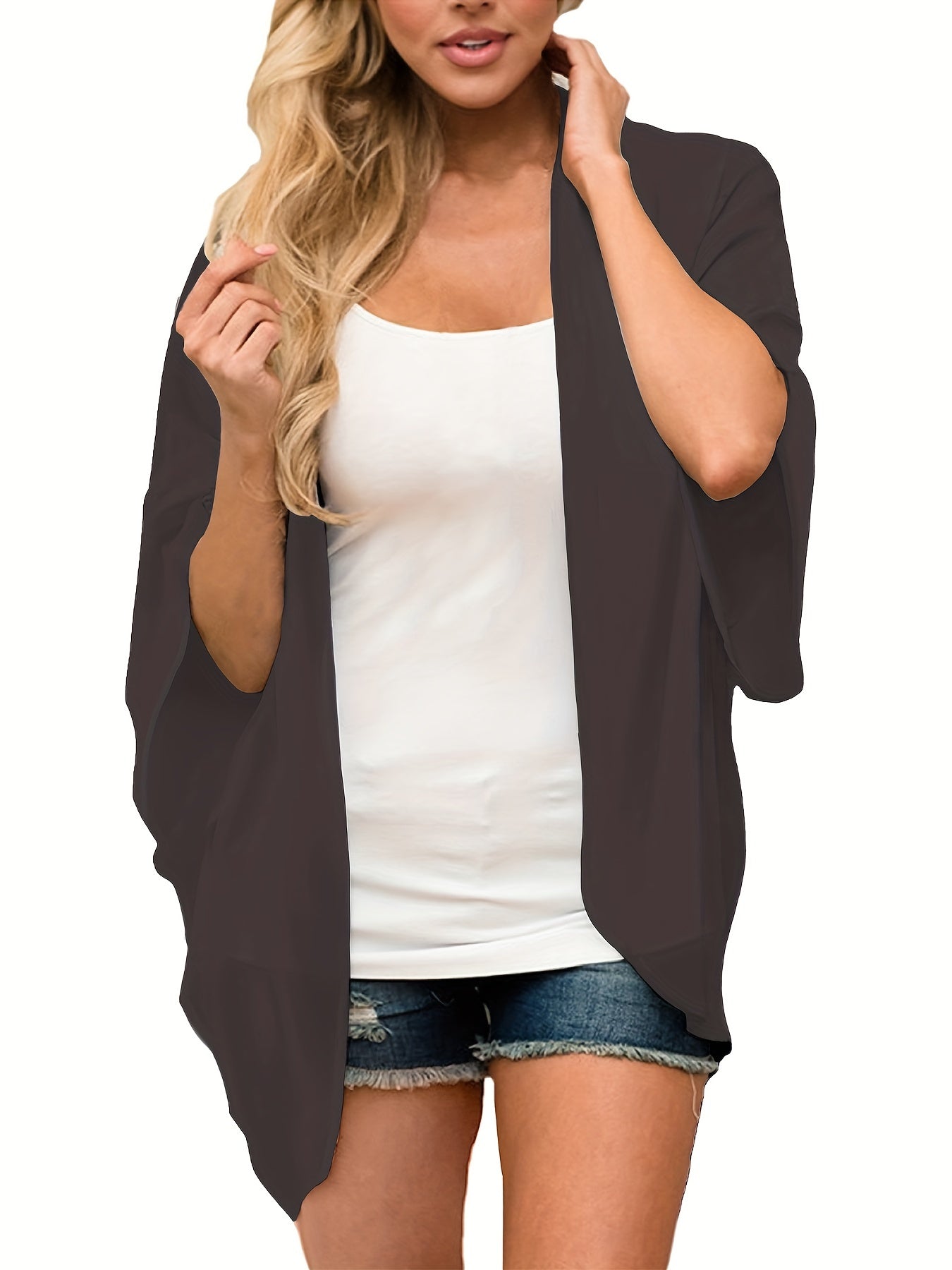  Solid Batwing Sleeve Open Front Cardigan