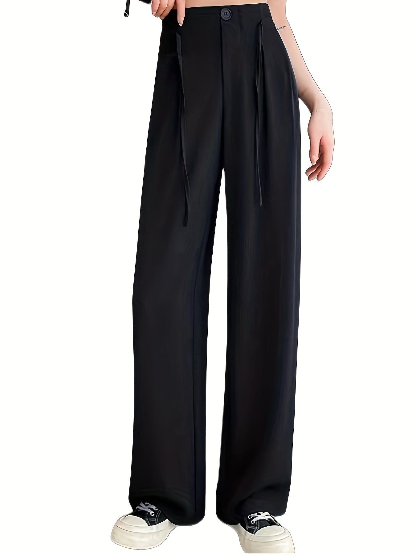 Solid Drawstring Button Pants Casual High Waist Straight Leg Pants