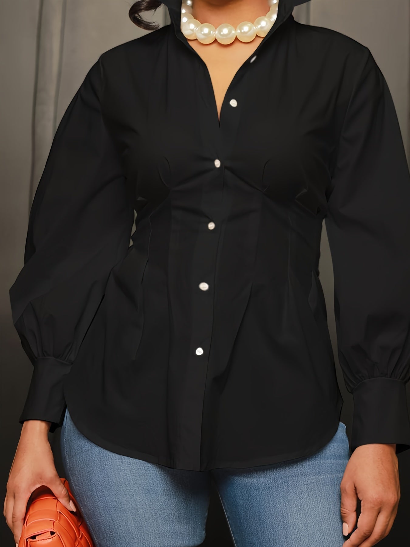  Solid Long Sleeve Button Up Collared Blouse