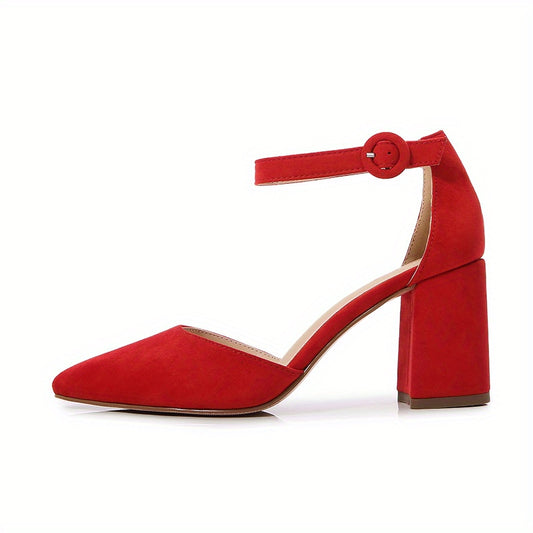 Women's Block Heeled Sandals Pointed Toe Ankle Strap Pumps Solid Heels