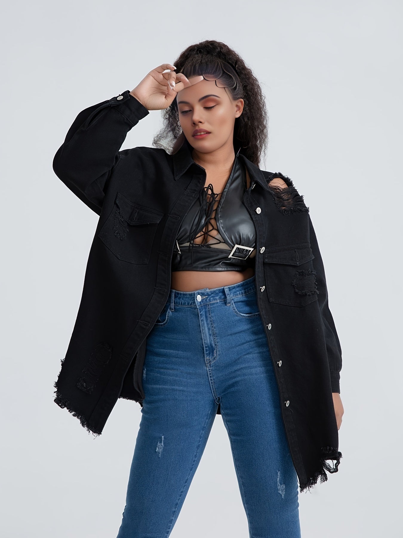  Oversized Denim Jacket with Fringe Trim