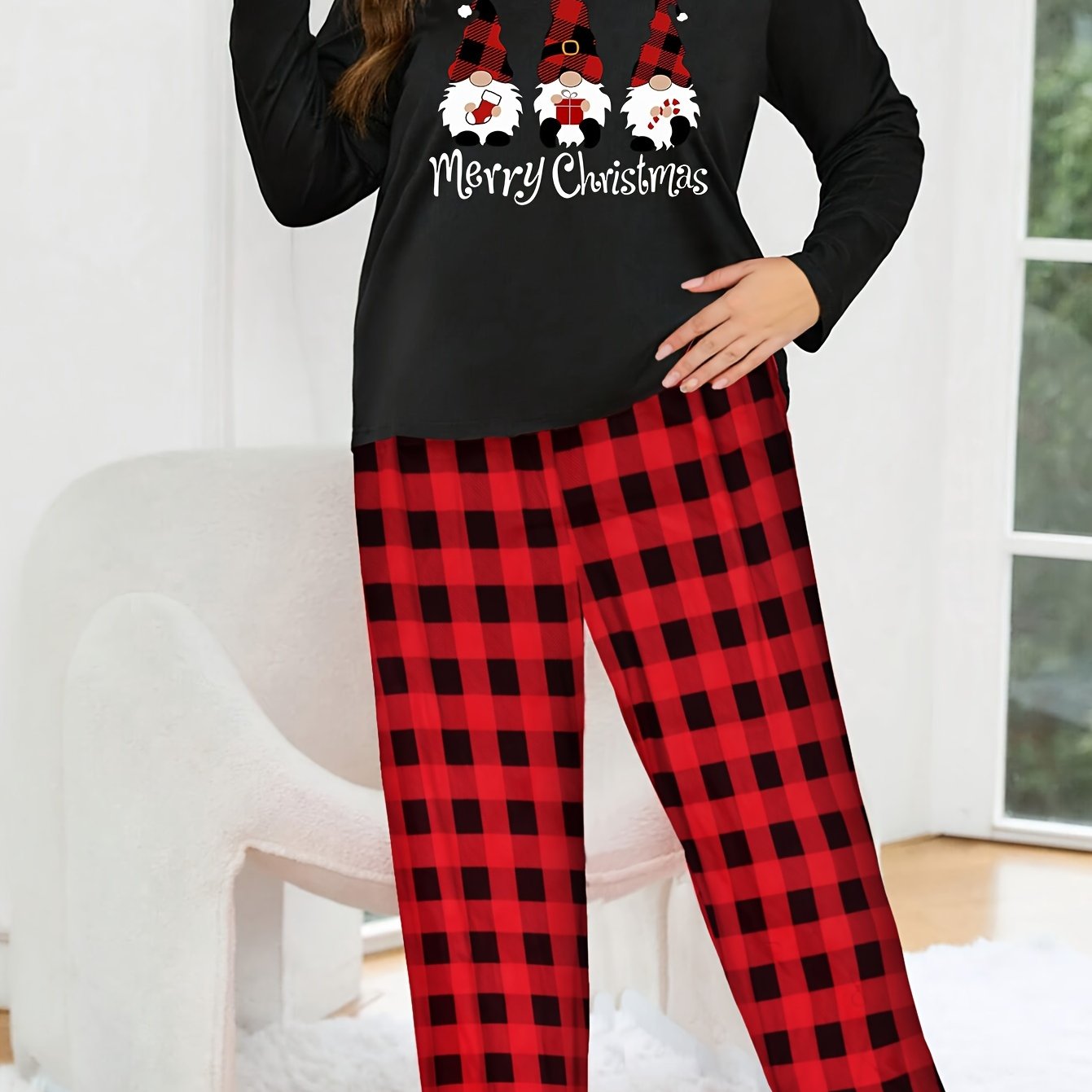  Christmas Pajama Set Gnomes Print Top & Plaid Pants Loungewear