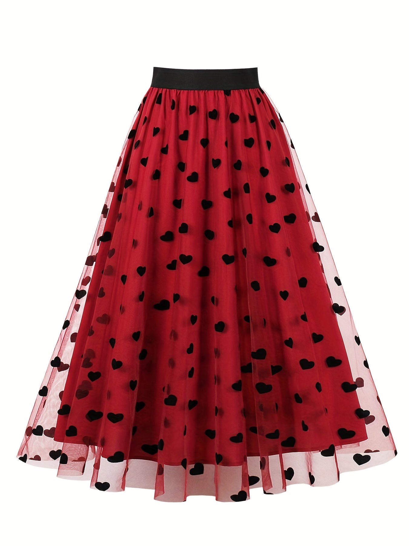 Heart Pattern Mesh A line Skirt High Waist Vintage Style