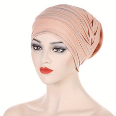 Pleated Satin Turban Cap Rhinestone Decor Head Wraps Elastic Hijab Hats