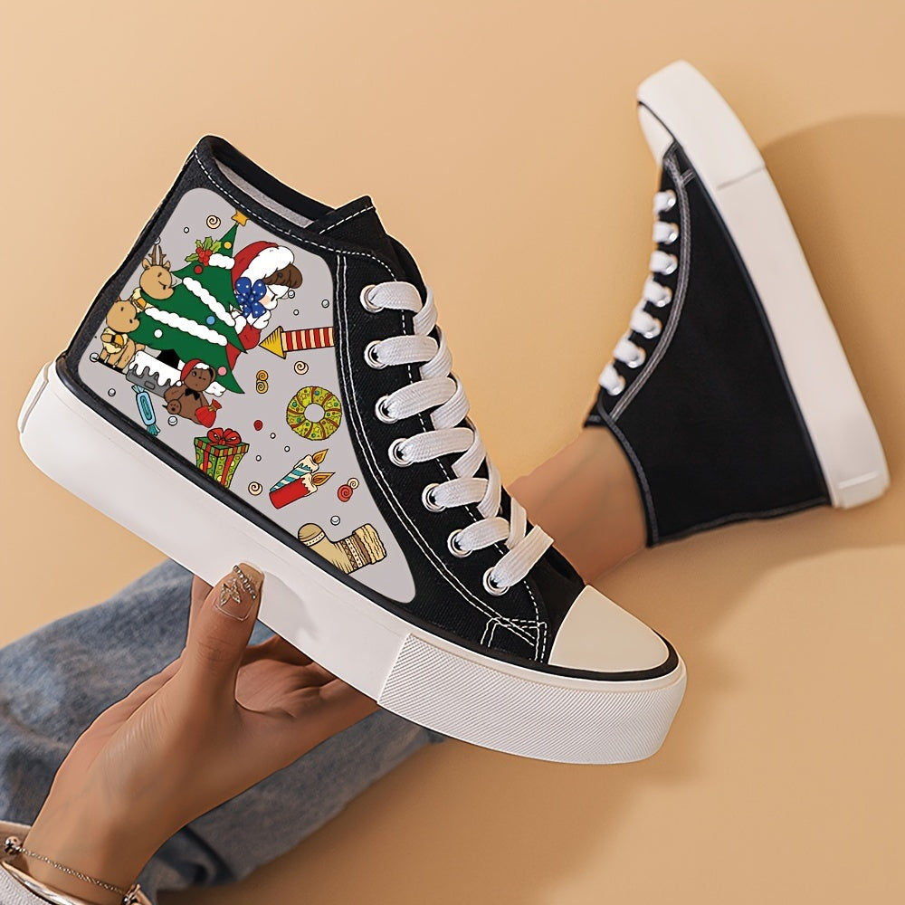 Christmas Print Flat Chunky Canvas Sneakers High Top Classic Skate Shoes