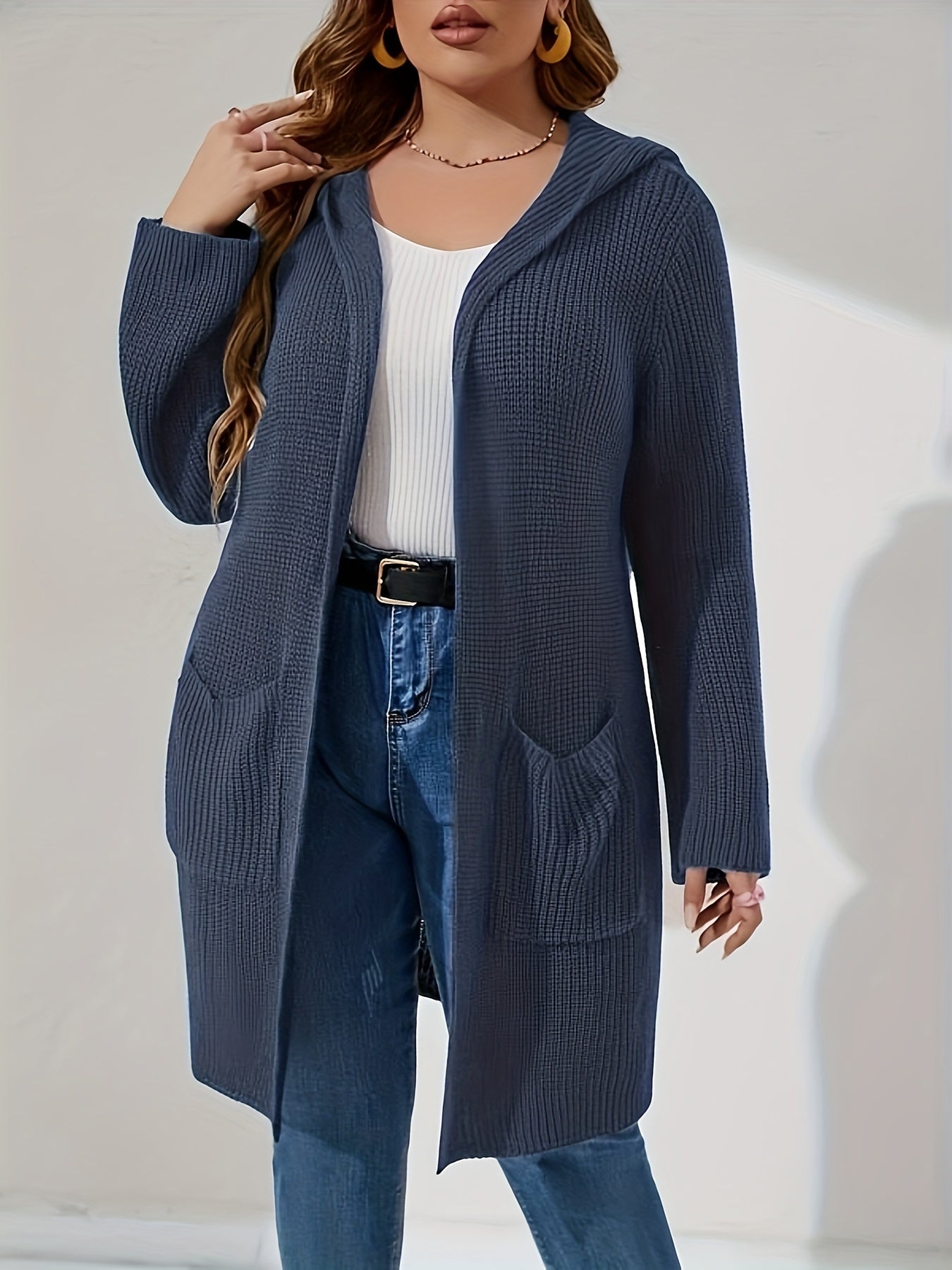  Solid Long Sleeve Hooded Cardigan With Pockets
