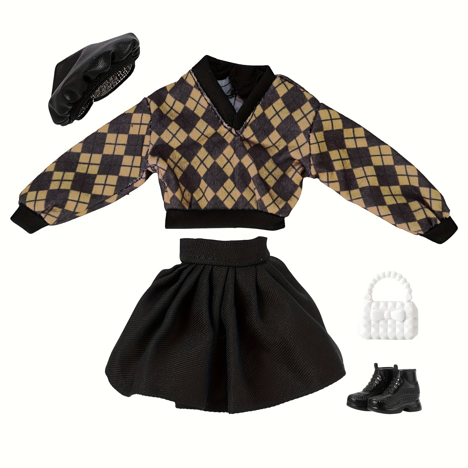 Plaid Doll Clothes Set - Sweater, Skirt, Hat, Bag