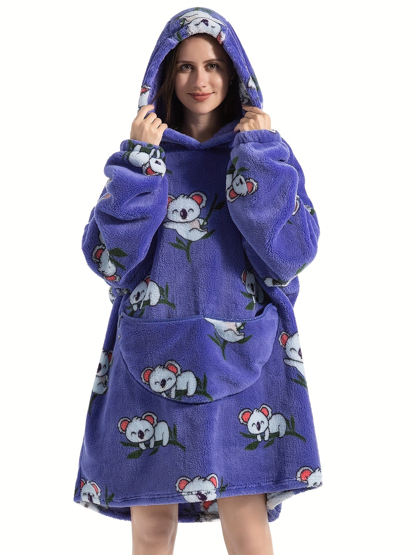  Women's Cartoon Koala Pattern Fleece Hooded Robe