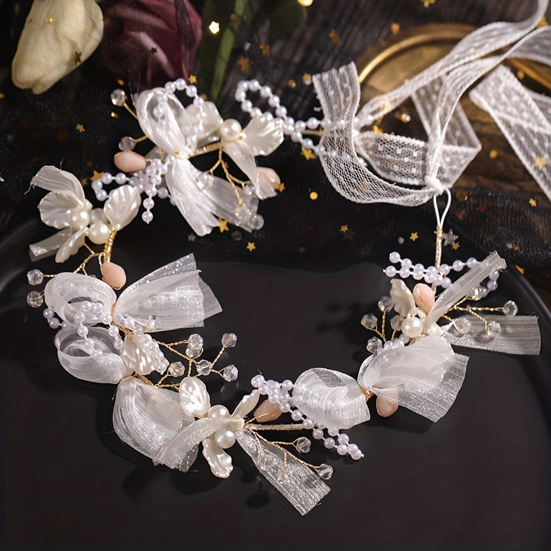 Faux Pearl Bridal Headband with Mesh Streamer Wedding Hair Accessory