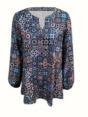 Boho Blouse Women's Plus Graphic Print Long Sleeve Notched Neck Top
