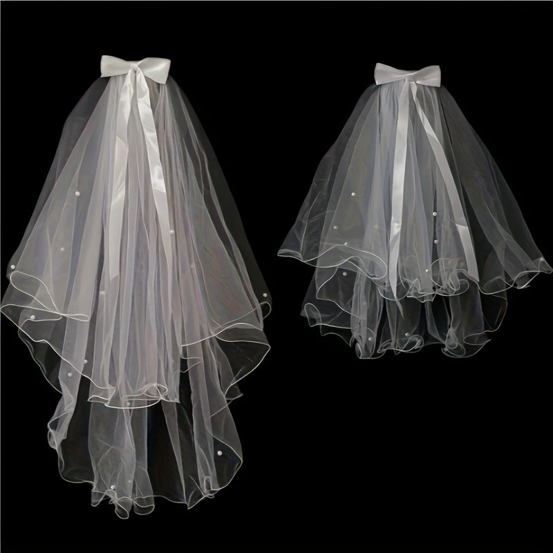 Romantic French Style Double Layer Bridal Veil with Beaded Bow