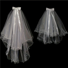 Romantic French Style Double Layer Bridal Veil with Beaded Bow