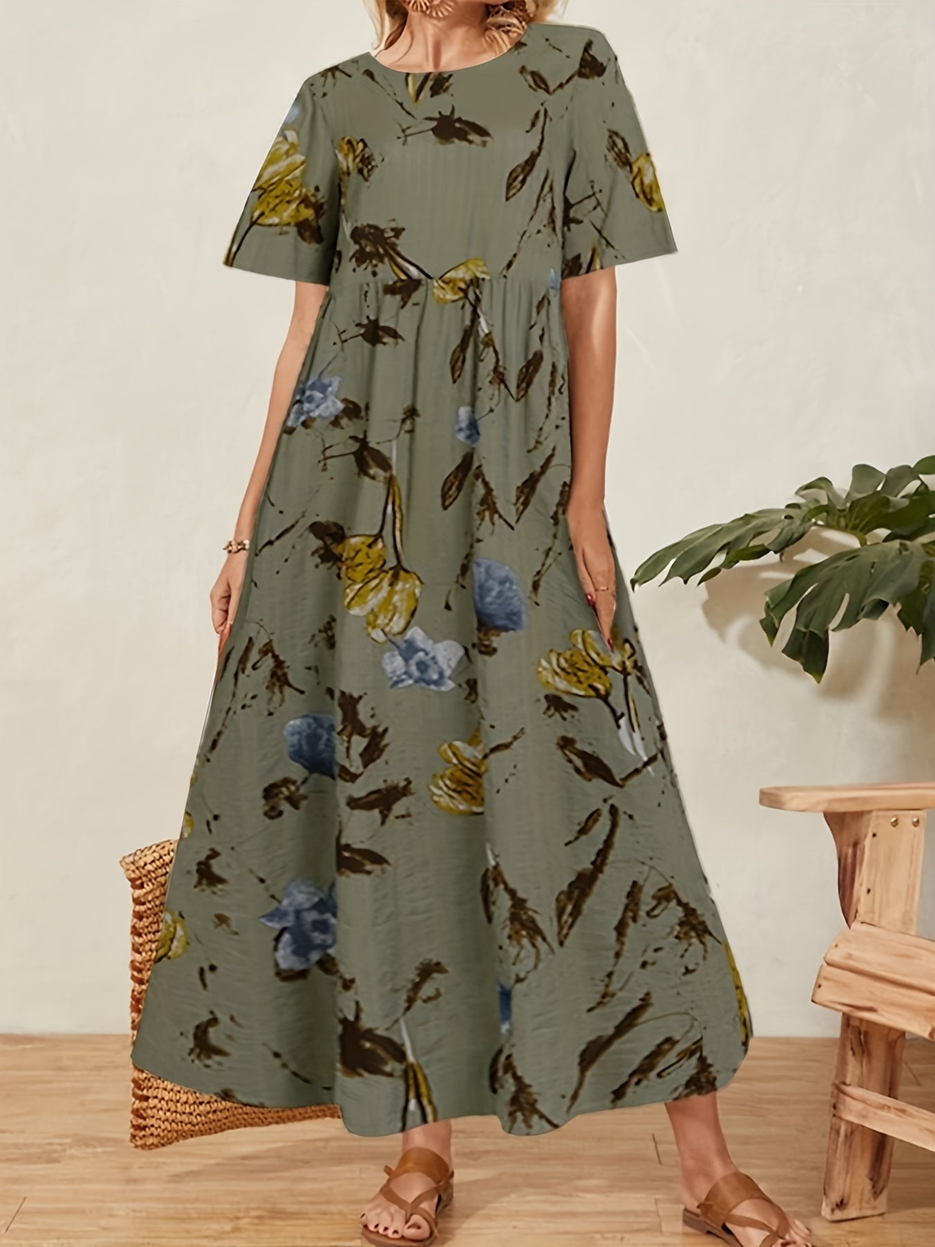  Casual Dress Women's Plus Floral Print Short Sleeve Round Neck Dress