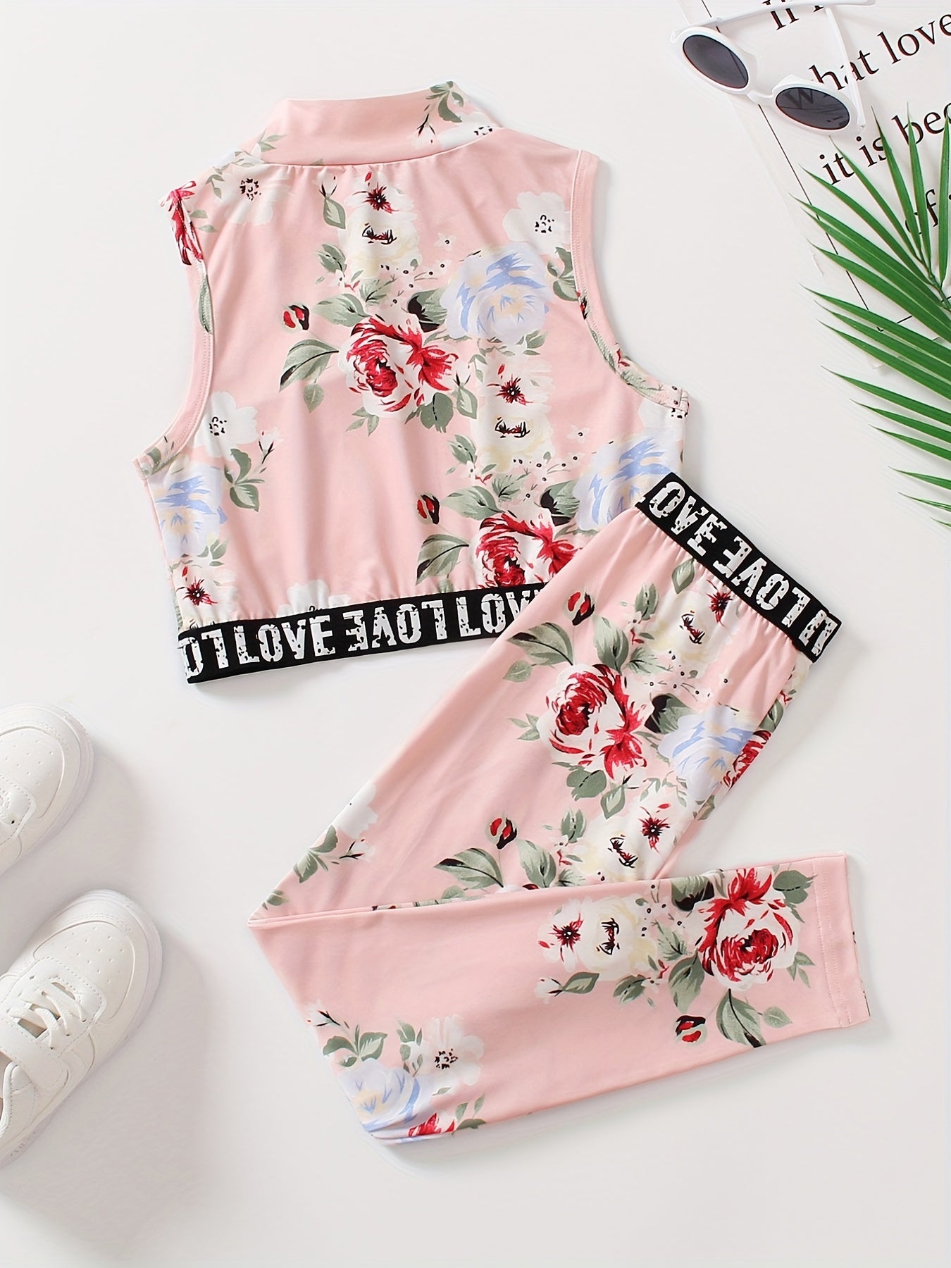 Girl's Boho Tropical Print Tank Top & Pants Set