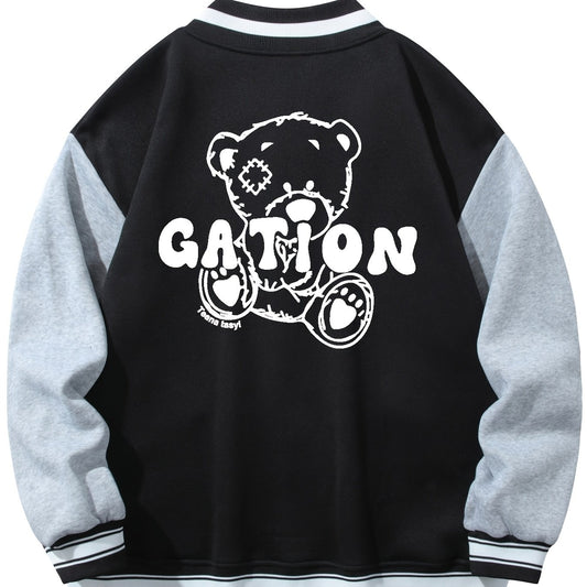 Men's Casual Warm Baseball Jacket With Back Bear Graphic Print