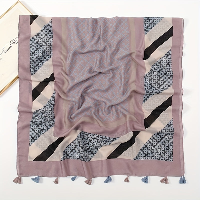 Vintage Plaid Tassel Scarf Dark Pink Shawl Boho Head Wrap