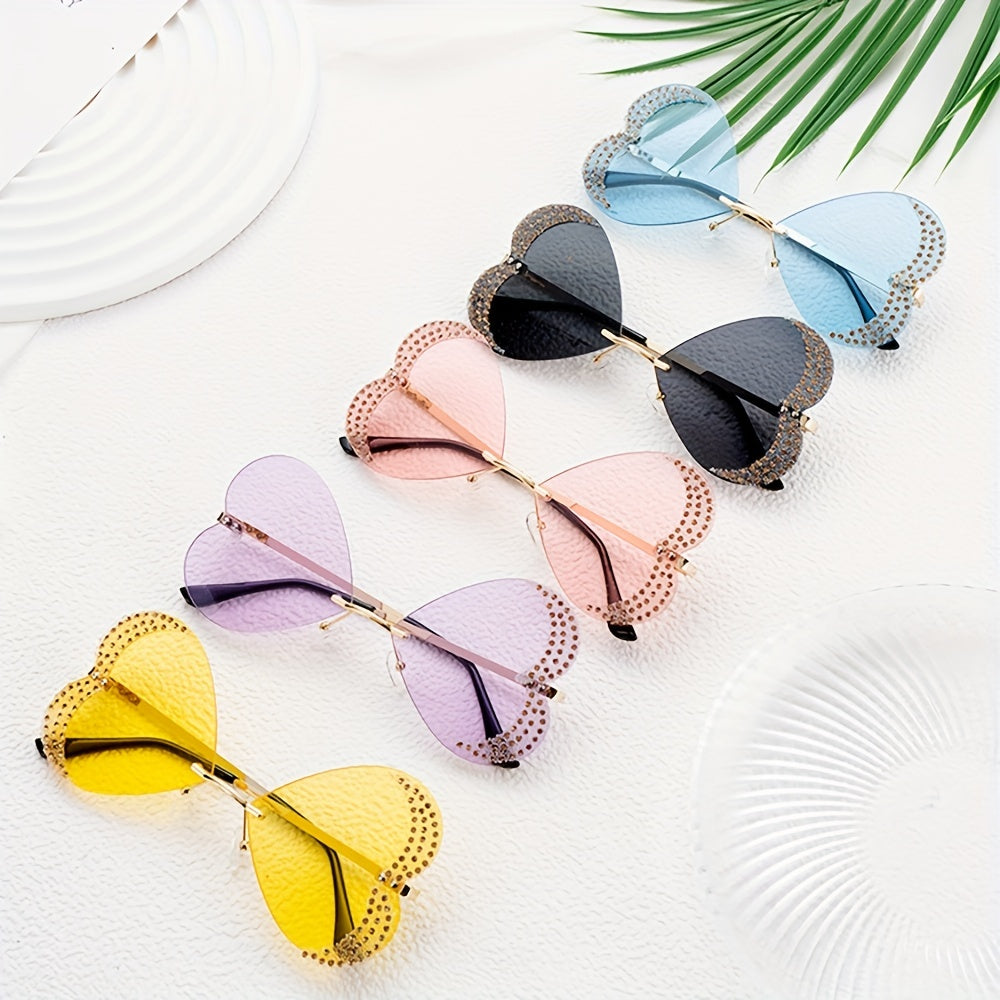 Y2K Rhinestone Heart Sunglasses Glitter Rimless UV400 Sun Shades
