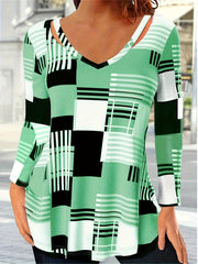  Colorblock Geo Print Long Sleeve V Neck Tunic Top