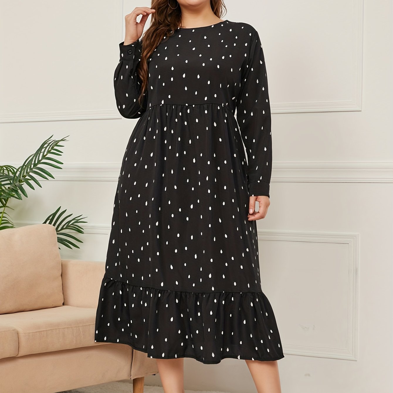  Women's Raindrop Print Long Sleeve Maxi Dress