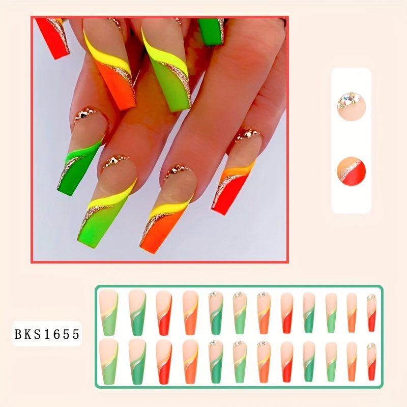 24 pcs Colorful Coffin Press On Nails with Rhinestones and Glitter