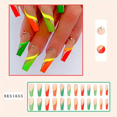 24 pcs Colorful Coffin Press On Nails with Rhinestones and Glitter