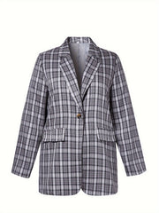  Plaid Print Long Sleeve Lapel Collar Blazer