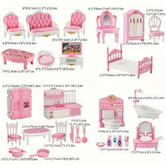 Pink Dollhouse Furniture Set for Kids - 3 Room Miniature Playhouse