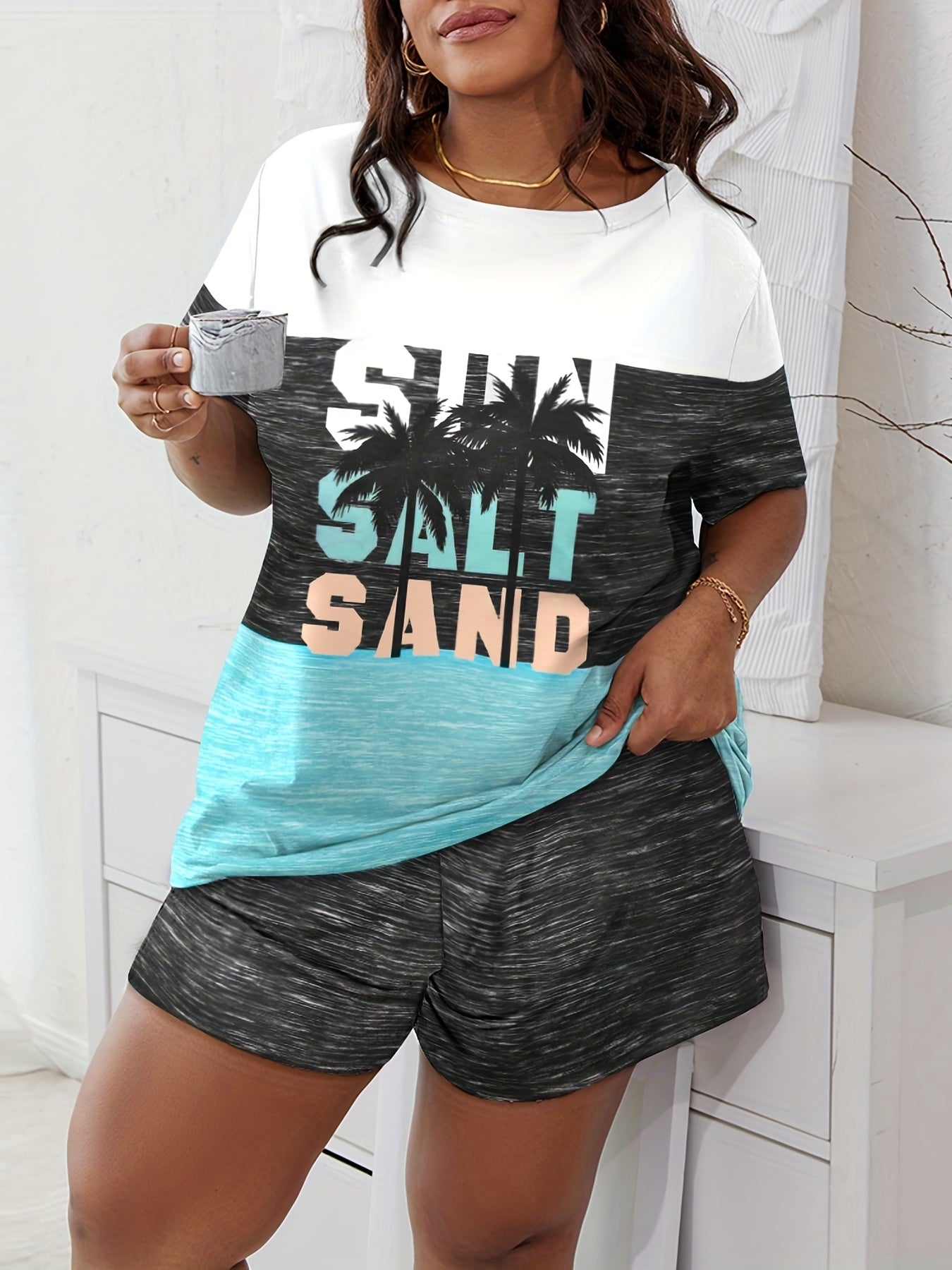 Ombre Coconut Tree Print Plus Size Pajama Set