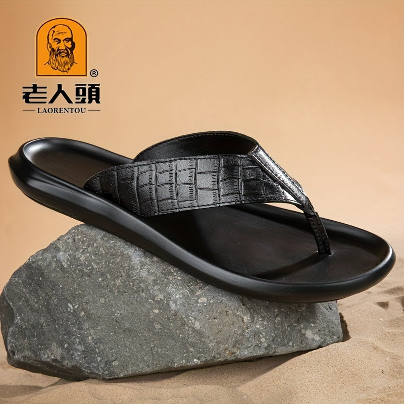 LAORENTOU Men's Leather Plaid Flip Flops Arch Support Thong Sandals
