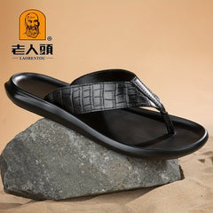 LAORENTOU Men's Leather Plaid Flip Flops Arch Support Thong Sandals