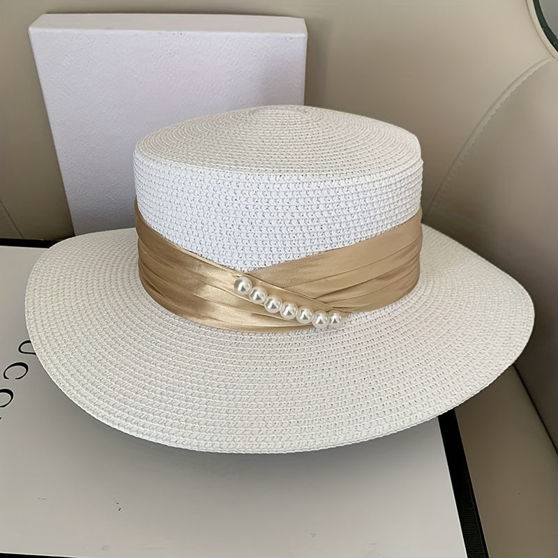 French Style Sun Hats Faux Pearl Strap Decor Flat Top Jazz Straw Hat