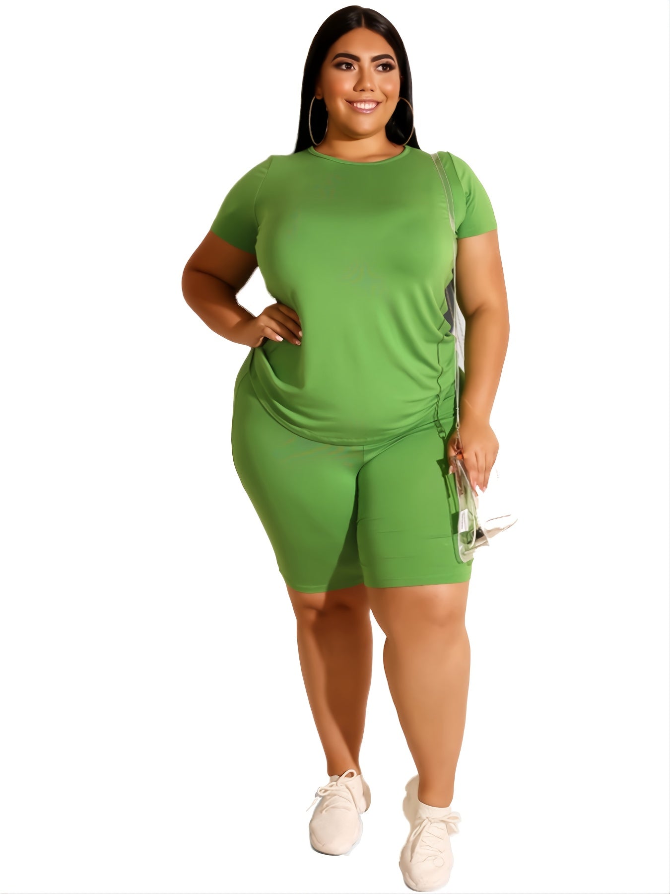  Solid Top & High Waist Skinny Shorts Set Women's Plus Co ords