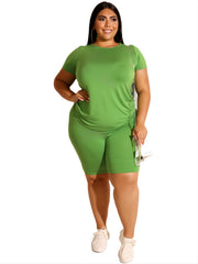  Solid Top & High Waist Skinny Shorts Set Women's Plus Co ords