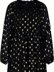  Mini Dress Golden Dot Print Lantern Sleeve