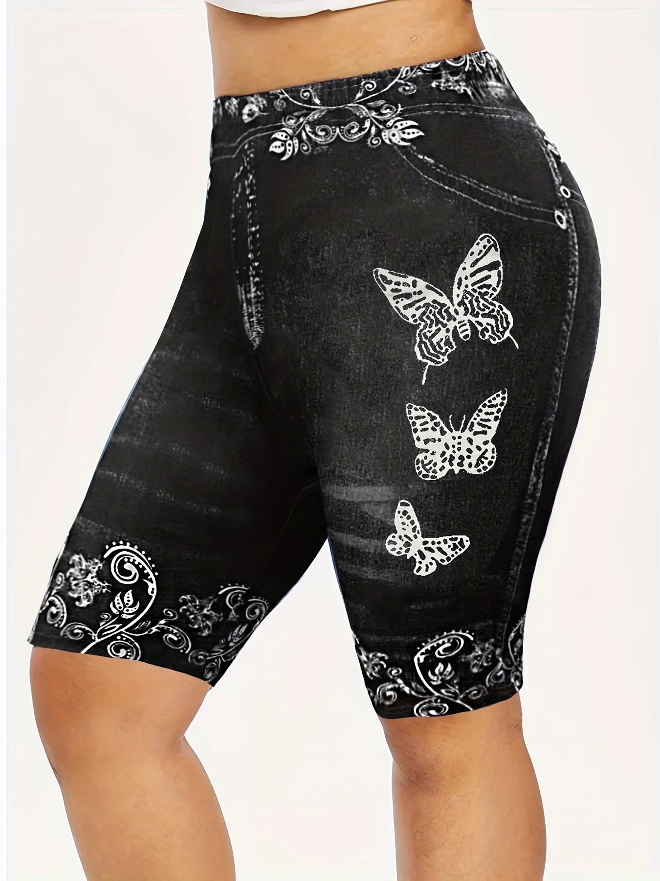  Denim & Butterfly Print High Rise Skinny Shorts